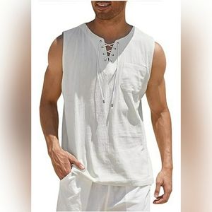 ‼️Men's Cotton Linen Tank Top Shirts Casual Sleeveless Lace Up Beach Hippie Tops